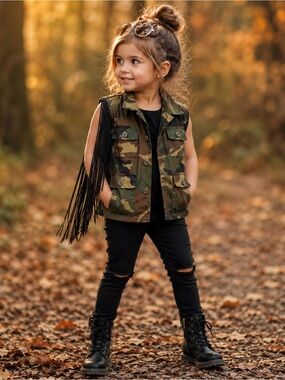 King + Lola Kids Camo Fringe Utility Vest Size 2 Made USA Limited Run military